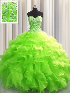 Visible Boning Ball Gowns Beading and Ruffles Ball Gown Prom Dress Lace Up Organza Sleeveless Floor Length