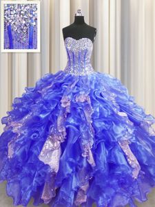 Glittering Visible Boning Royal Blue Sweet 16 Dresses Military Ball and Sweet 16 and Quinceanera and For with Beading and Ruffles and Sequins Sweetheart Sleeveless Lace Up