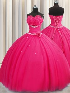 Superior Handcrafted Flower Hot Pink Tulle Lace Up 15 Quinceanera Dress Sleeveless Floor Length Beading and Sequins and Hand Made Flower