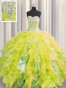 Chic Sequins Visible Boning Ball Gowns Sweet 16 Dress Yellow Sweetheart Organza and Sequined Sleeveless Floor Length Lace Up