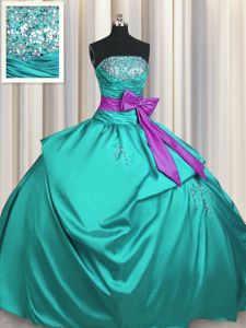 Sleeveless Floor Length Beading and Ruffles and Sequins Lace Up Quince Ball Gowns with Turquoise