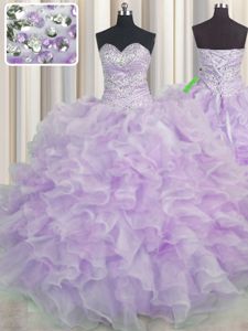 Edgy Sweetheart Sleeveless Lace Up Sweet 16 Dress Lavender Organza