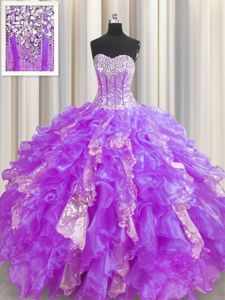 Modern Visible Boning Lavender Lace Up Quinceanera Gown Beading and Ruffles and Sequins Sleeveless Floor Length