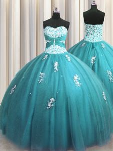 Floor Length Aqua Blue Quinceanera Gowns Sweetheart Sleeveless Lace Up