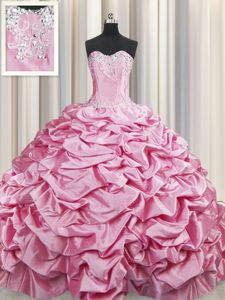 Sleeveless Beading and Pick Ups Lace Up Quinceanera Dresses with Rose Pink Brush Train