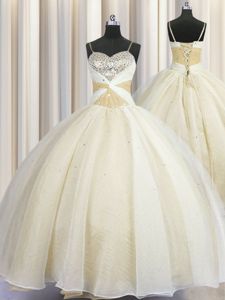 Perfect Spaghetti Straps Sleeveless Quinceanera Gown Floor Length Beading and Ruching Champagne Organza