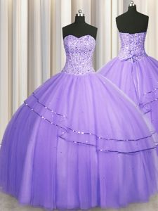 Visible Boning Big Puffy Sweetheart Sleeveless Sweet 16 Dress Floor Length Beading Lavender Tulle