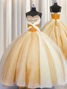 Popular Spaghetti Straps Sleeveless Organza Floor Length Lace Up Ball Gown Prom Dress in Orange for with Beading and Ruching