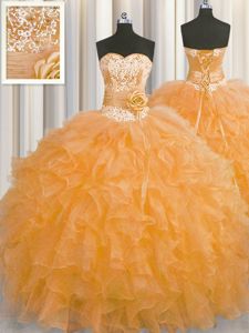Visible Boning Sleeveless Organza Floor Length Lace Up Quince Ball Gowns in Orange for with Beading and Ruffles and Sashes|ribbons