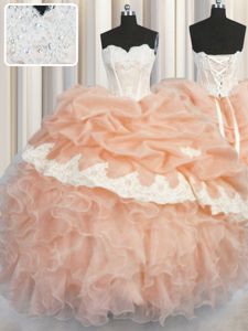 Peach Organza Lace Up Sweetheart Sleeveless Floor Length Ball Gown Prom Dress Appliques and Ruffles and Pick Ups