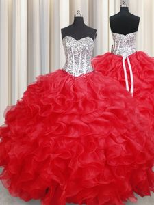 Visible Boning Zipper Up Sleeveless Zipper Floor Length Beading and Ruffles 15th Birthday Dress