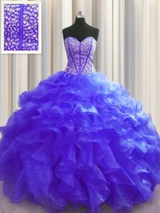 Simple Visible Boning Organza Sleeveless Floor Length Quinceanera Gown and Beading and Ruffles