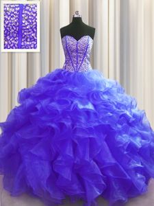 Discount Visible Boning Floor Length Watermelon Red 15th Birthday Dress Organza Sleeveless Beading and Ruffles and Pick Ups