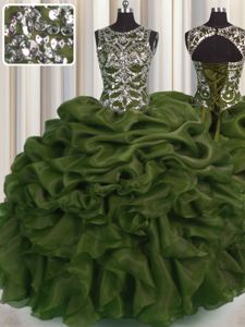Charming See Through Sleeveless Floor Length Beading and Pick Ups Lace Up Quince Ball Gowns with Olive Green