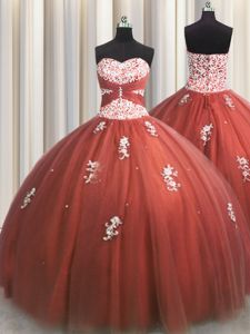 Great Sleeveless Floor Length Beading and Appliques Lace Up Sweet 16 Quinceanera Dress with Rust Red