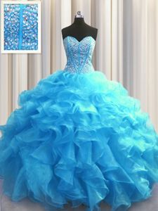 Traditional Visible Boning Baby Blue Ball Gowns Organza Sweetheart Sleeveless Beading and Ruffles Floor Length Lace Up Sweet 16 Dresses