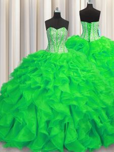 Visible Boning Green Sleeveless Organza Brush Train Lace Up Quince Ball Gowns for Military Ball and Sweet 16 and Quinceanera