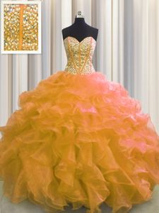 Customized Visible Boning Orange Lace Up Quince Ball Gowns Beading and Ruffles Sleeveless Floor Length