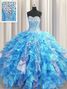 Spectacular Visible Boning Baby Blue Quinceanera Dresses Military Ball and Sweet 16 and Quinceanera and For with Beading and Ruffles and Sequins Sweetheart Sleeveless Lace Up