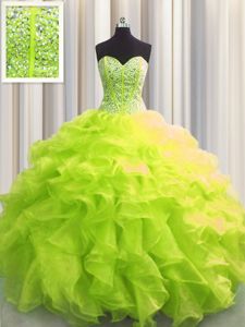 Clearance Visible Boning Gold Organza Lace Up Sweetheart Sleeveless Floor Length Sweet 16 Dresses Beading and Ruffles and Pick Ups