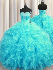 Free and Easy Sweetheart Sleeveless Ball Gown Prom Dress Floor Length Beading and Ruffles Light Blue Organza