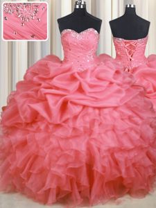 Pretty Watermelon Red Lace Up Damas Dress Beading and Ruffles and Ruching and Pick Ups Sleeveless Floor Length