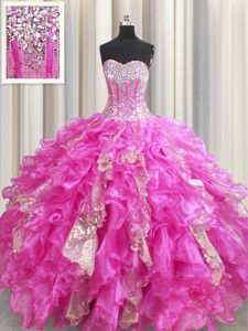 Visible Boning Sweetheart Sleeveless Organza and Sequined Sweet 16 Quinceanera Dress Beading and Ruffles and Sequins Lace Up