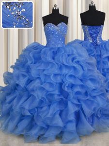 Stylish Blue Lace Up Sweet 16 Dress Beading and Ruffles Sleeveless Floor Length