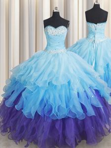Visible Boning Organza Sweetheart Sleeveless Lace Up Beading and Ruffles and Sashes|ribbons Sweet 16 Dresses in Baby Blue