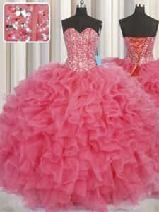 Visible Boning Sleeveless Organza Floor Length Lace Up 15 Quinceanera Dress in Coral Red for with Beading and Ruffles
