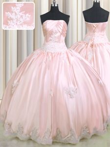 Eye-catching Baby Pink Ball Gowns Taffeta Strapless Sleeveless Beading and Appliques Floor Length Lace Up Sweet 16 Dress