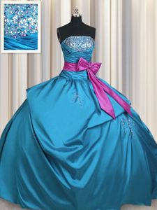Teal Strapless Lace Up Beading and Ruching and Bowknot Sweet 16 Quinceanera Dress Sleeveless
