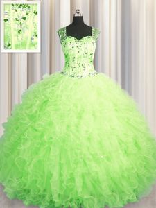 Vintage See Through Zipper Up Green Sleeveless Tulle Zipper Vestidos de Quinceanera for Military Ball and Sweet 16 and Quinceanera