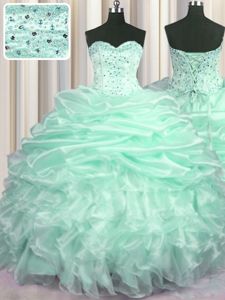 Apple Green Sleeveless With Train Beading and Ruffles and Pick Ups Lace Up 15 Quinceanera Dress