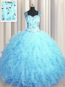 Deluxe See Through Zipper Up Baby Blue Zipper Square Beading and Ruffles Quinceanera Gown Tulle Sleeveless