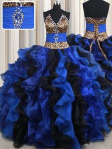 Decent Floor Length Blue And Black Sweet 16 Quinceanera Dress Organza Sleeveless Beading and Ruffles