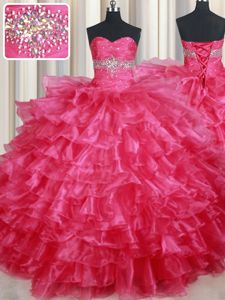 Ruffled Ball Gowns Sweet 16 Dress Coral Red Sweetheart Organza Sleeveless Floor Length Lace Up