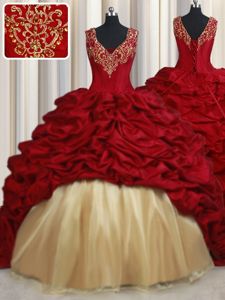 Most Popular Red Lace Up Quinceanera Dresses Beading and Appliques and Pick Ups Sleeveless Sweep Train