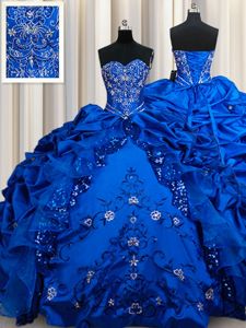 Sweetheart Sleeveless Quinceanera Dresses Floor Length Beading and Embroidery and Sequins and Pick Ups Royal Blue Taffeta