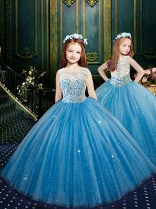 Dazzling Scoop Clasp Handle Blue Sleeveless Appliques Floor Length Custom Made Pageant Dress