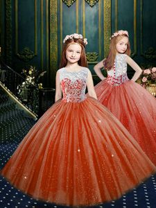 Graceful Scoop Orange Red Tulle Clasp Handle Child Pageant Dress Sleeveless Floor Length Appliques