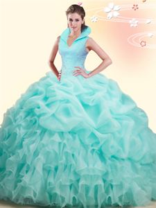 Custom Design Apple Green Ball Gowns Organza High-neck Sleeveless Beading and Ruffles and Pick Ups Backless 15 Quinceanera Dress Brush Train
