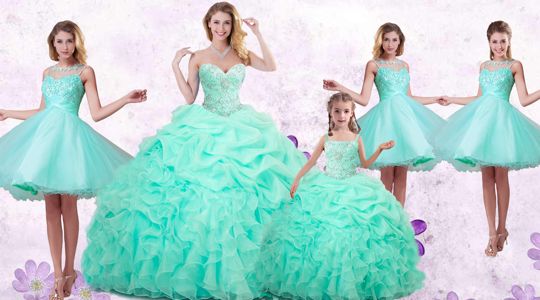 Organza Sweetheart Sleeveless Lace Up Beading and Ruffles and Pick Ups Quinceanera Gown in Apple Green