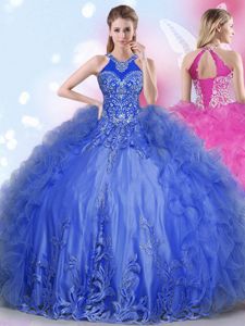 Customized Halter Top Tulle Sleeveless Floor Length Sweet 16 Dresses and Appliques and Ruffles