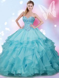 Popular Aqua Blue Sweetheart Lace Up Beading and Ruffles Quinceanera Dress Sleeveless