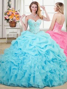 Pick Ups Aqua Blue Sleeveless Organza Lace Up Sweet 16 Dresses for Military Ball and Sweet 16 and Quinceanera