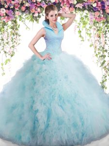 Dramatic Sleeveless Beading and Ruffles Backless Quinceanera Dresses