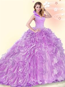 Sweet Organza High-neck Sleeveless Brush Train Backless Beading and Ruffles Sweet 16 Quinceanera Dress in Lilac