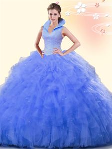 Blue Quinceanera Dresses Military Ball and Sweet 16 and Quinceanera and For with Beading and Ruffles High-neck Sleeveless Backless