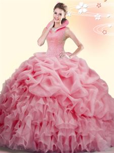 Cheap Watermelon Red Organza Backless High-neck Sleeveless 15th Birthday Dress Brush Train Beading and Ruffles and Pick Ups